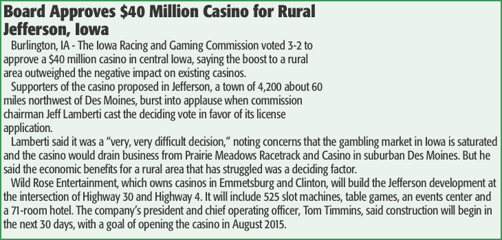 Board Approves $40 Million Casino for Rural Jefferson, Iowa Bur